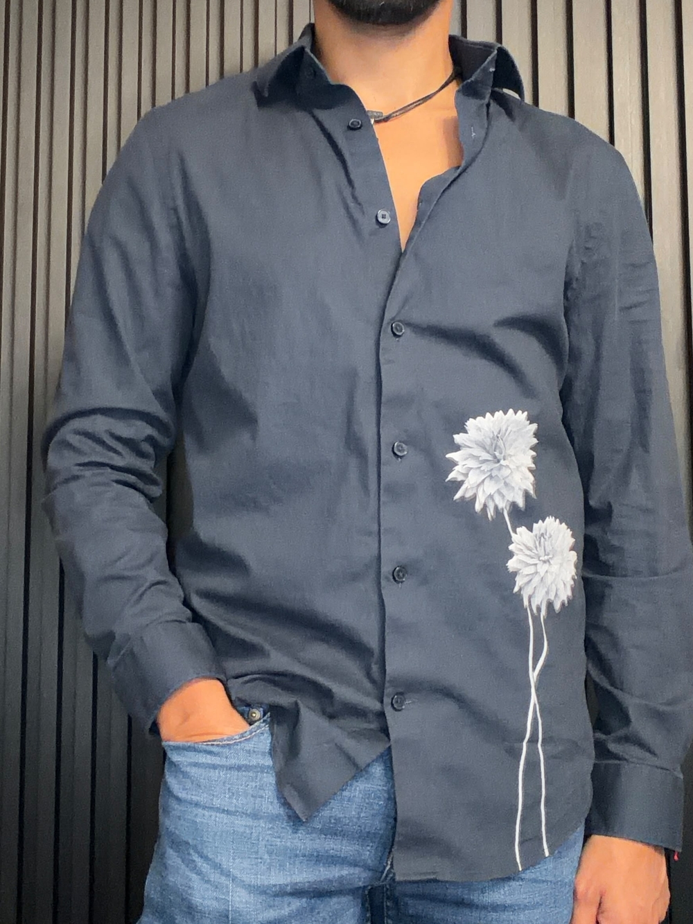 Used Express Navy Long-Sleeve Button-Down Shirt with White Floral Embroidery